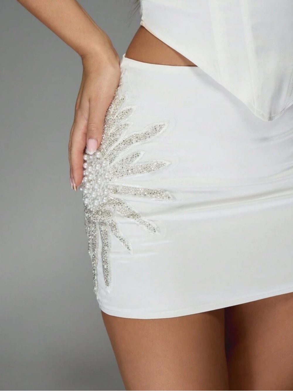 White Mini Skirt with Silver Beaded Floral Detail